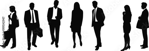 Business people silhouettes group, corporate professionals standing and walking with briefcases, diverse office workers isolated on white background design