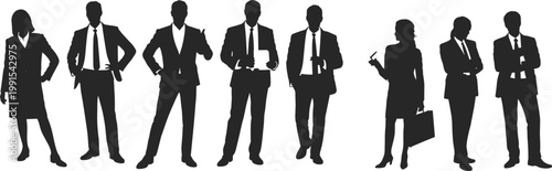 Business people silhouettes lineup, confident corporate professionals standing in formal poses, diverse office workers team isolated on white background