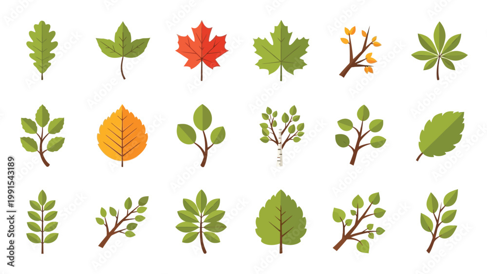 Fototapeta premium Set of vector autumn leaves flat design icons on white background.