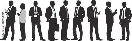 Business people silhouettes lineup, corporate professionals using smartphones and standing with briefcase, modern office workers isolated on white background design