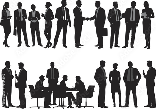 Business people silhouettes meeting handshake teamwork corporate discussion office professionals isolated black figures vector illustration set collaboration concept