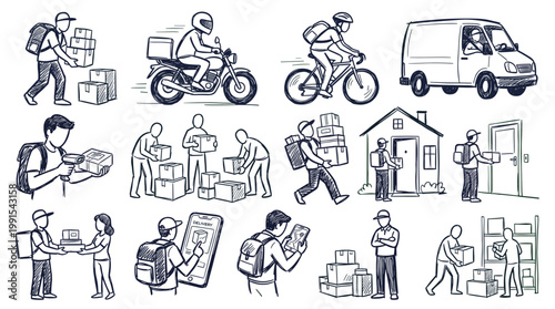 A collection of hand-drawn illustrations depicting various aspects of delivery services, 