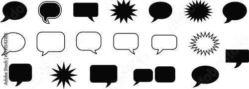 Obraz na plátne Collection of speech bubbles and starburst shapes in black and white outline and