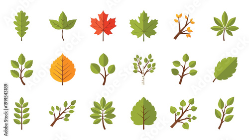 Set of vector autumn leaves flat design icons on white background.
