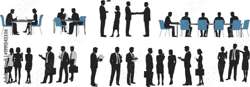 Business people silhouettes set, corporate professionals meeting, handshake, teamwork discussion and conference scenes, office workers collaboration isolated on white background