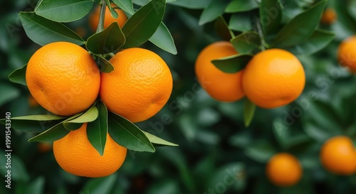 Vibrant orange tangerines hang from green leafy branches in a sunny orchard garden, showcasing ripe organic citrus fruit ready for harvest, growth, sunshine, foliage