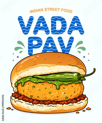 Vada Pav Indian Street Food Vector Illustration Spicy Indian Burger Design.