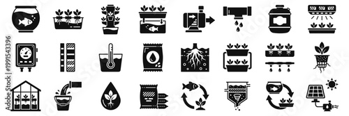 Aquaponics and hydroponic gardening icon set with fish tank, plant beds, nutrient dosing, water pump, drip irrigation pipes, greenhouse and solar powered system