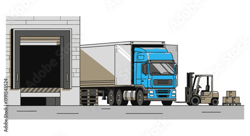 Logistics and delivery a truck loading at a warehouse dock with a forklift and boxes