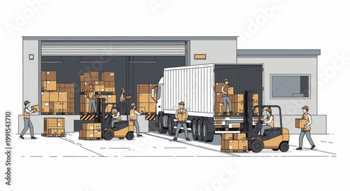 Commercial warehouse logistics operations with forklifts and delivery trucks