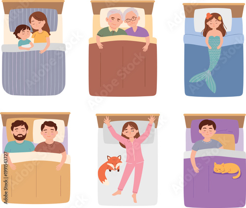 People sleeping in bed set diverse family couples kids rest night lifestyle cozy bedroom vector illustration isolated collection