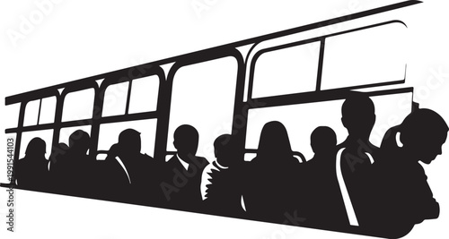 Black silhouette of people on a bus, public transportation vector icon, commuter crowd, urban travel