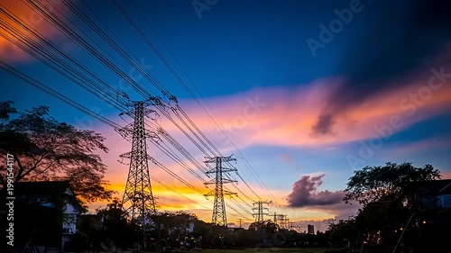 Vibrant Sunset Sky with Power Lines Silhouette, Capturing Energy and Natural Beauty in a