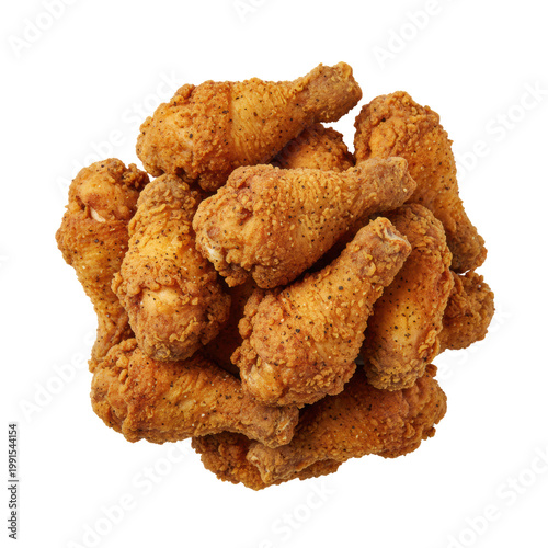 a generous heap of perfectly arranged american-style fried chicken pieces, crispy golden-brown crust with visible seasoning, isolated on a transparent background, high-key studio commercial food
