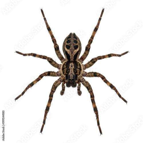 ultra-detailed macro photograph of a symmetrical dark brown and black wolf spider, visible setae and exoskeleton texture on a transparent background, clinical studio specimen portrait