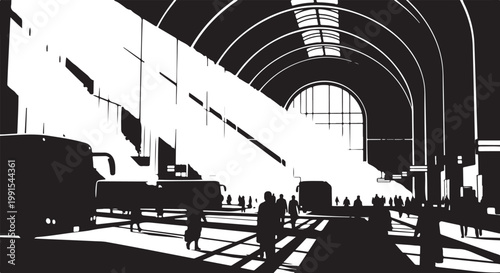 Monochrome cityscape, urban transportation hub, black and white illustration, modern station interior