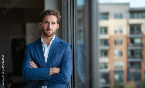 Confident Young Businessman in Blue Blazer Standing by Window with City View