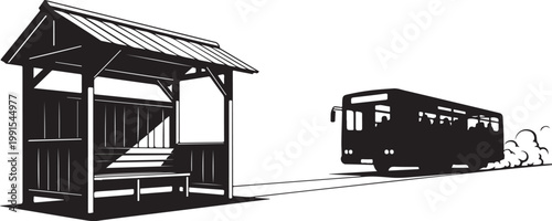 Black and white bus stop, vector illustration, transportation icon, urban landscape element