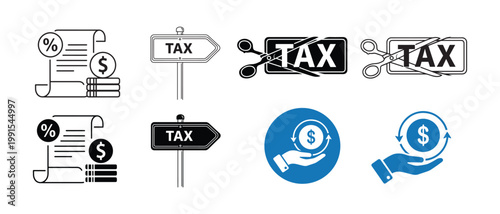Collection of financial icons representing taxes and money management concepts
