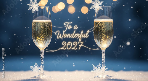 Two glasses of champagne with snowflakes and 