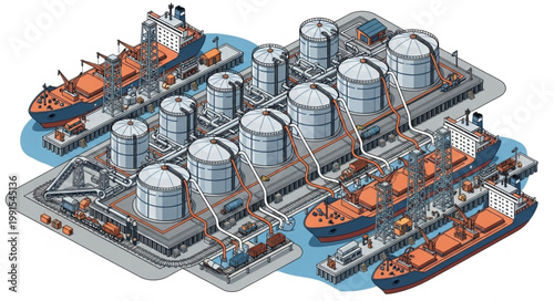 Industrial Oil Refinery with Storage Tanks and Shipping Vessels.