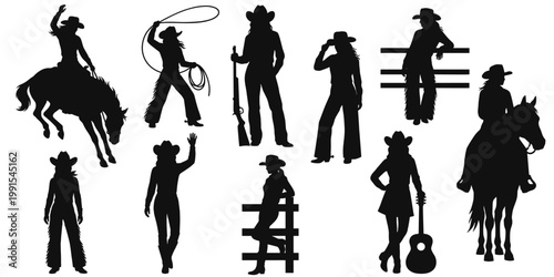 Western cowgirl silhouettes with horse riding, lasso tricks, relaxed leaning on fence, guitar holding