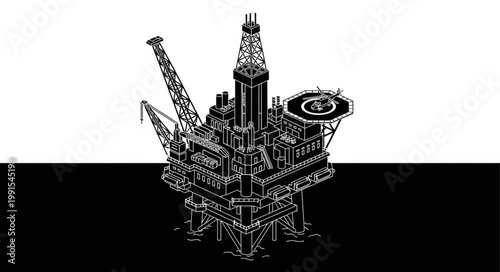 Industrial Oil Rig with Construction Equipment and Tower.