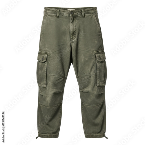 Highly detailed still life of men's baggy, distressed military cargo pants in faded olive green, isolated against a transparent background, commercial product photography concept