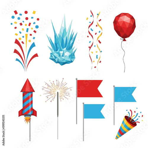 Colorful party decorations and symbols are floating in the air