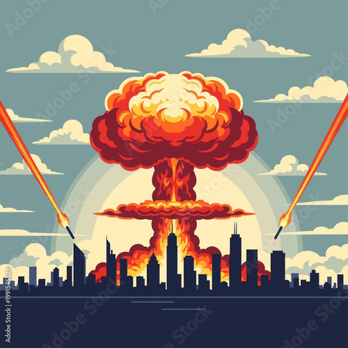 Nuclear explosion occurs over city with missiles launching nearby quickly causing destruction
