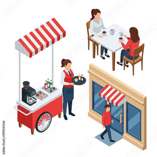 People eating at food cart and restaurant with waiter and customer