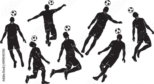 Black silhouettes of soccer players, kicking and heading balls, athletic poses, sports icons, vector graphics