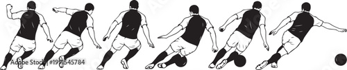 Soccer player kicking ball, football illustration, black silhouette, motion sequence, sports graphics