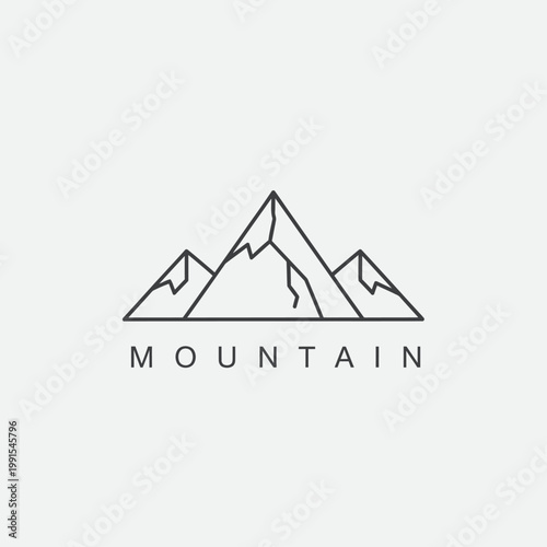 A minimalist line drawing depicts three majestic mountains with the word MOUNTAIN underneath.