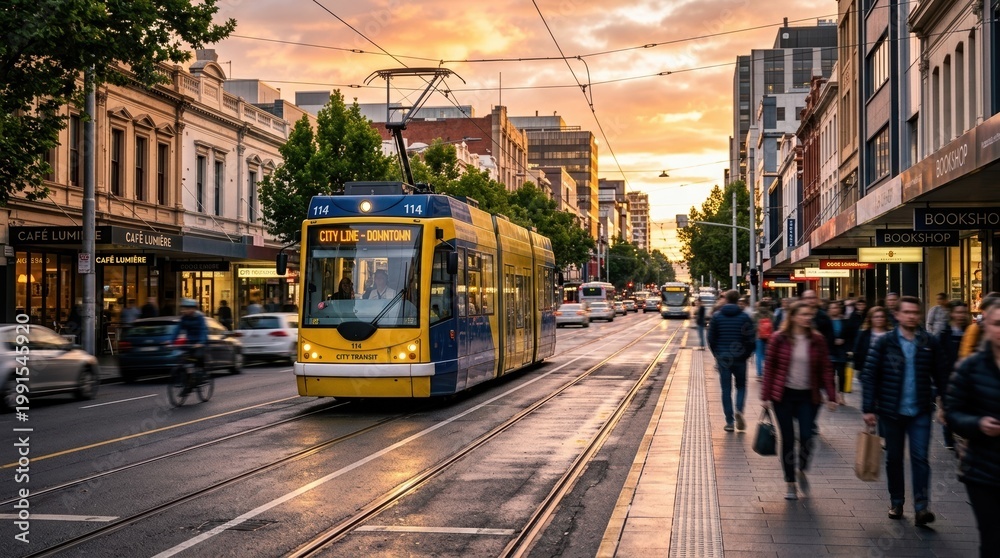 Fototapeta premium City boulevard with a streetcar. Blurred commuters, sharp focus on the streetcar and its tracks. Golden sunset light.Realistic