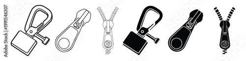 Tableau sur toile Collection of zipper puller icons and zipper teeth isolated on white background