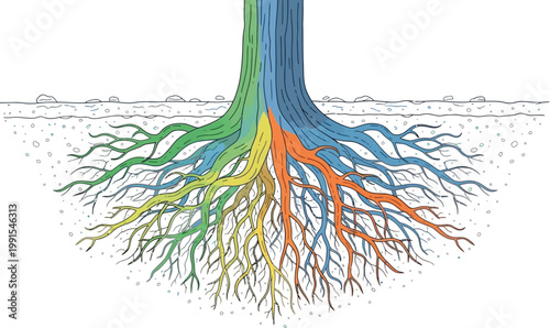 Tree roots system underground structure nature vector illustration