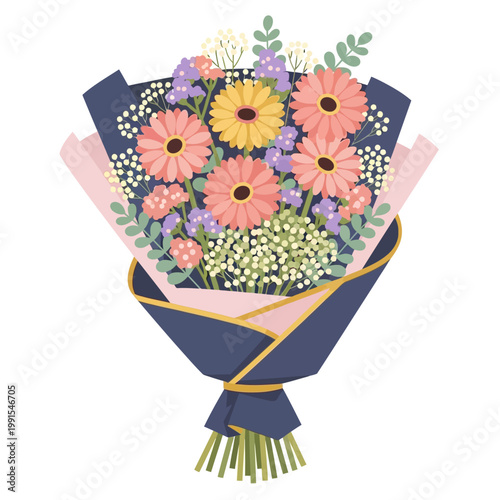 Vibrant and elegant floral bouquet illustration with pink gerbera daisies and delicate filler flowers, perfect for celebrations and gifts