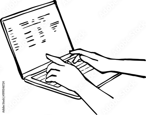 Close-up of Hands Typing on Laptop Keyboard Line Art