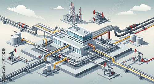 Industrial Oil Refinery Complex with Pipelines and Equipment.