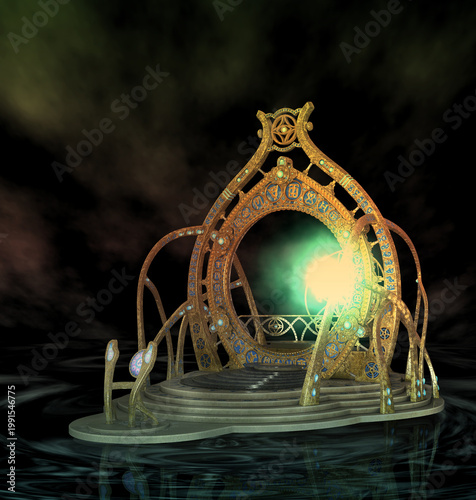An ornate golden portal with intricate blue symbols and a central radiant light, set against a dark mystical background. Ideal for fantasy, sci fi, or magical interface designs. 3D Illustration.