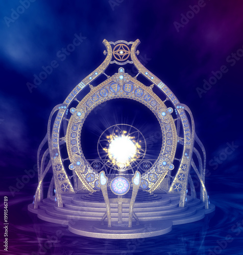 An ornate golden portal with intricate blue symbols and a central radiant light, set against a dark mystical background. Ideal for fantasy, sci fi, or magical interface designs. 3D Illustration.