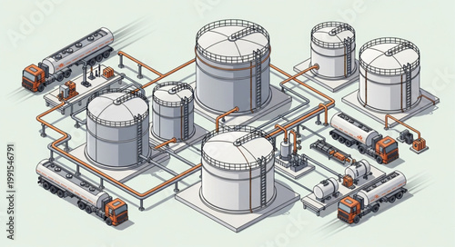 Industrial Oil Refinery Plant with Storage Tanks and Pipelines.