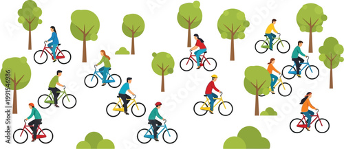 People cycling in park eco friendly transport vector illustration