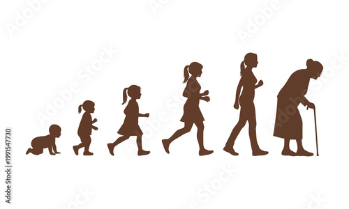 Silhouette of human life stages from baby to elderly woman, representing growth and aging.