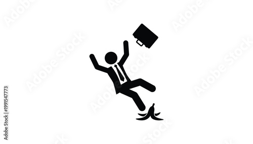 Business silhouette slipping on banana peel with flying briefcase, absurd office humor vector on white