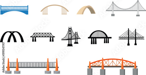 Flat vector bridge icons set various bridge types silhouettes arch suspension construction structures isolated modern infrastructure illustration collection design