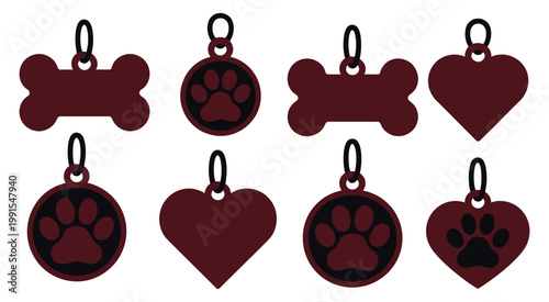 Red, pet ID tag set with different shapes featuring paw prints and hearts, vector illustration, animal care and identification symbols, pet accessories, love and adoption concept, flat vector graphics