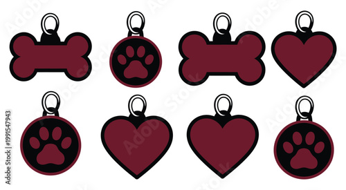 Red, pet tag icons in various shapes with paw prints and hearts, vector illustration set, animal identification tags, pet accessories, love and care symbols, flat vector graphics for veterinary, pet 