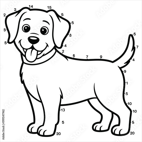 Dot-to-dot connect the numbers activity sheet featuring a puppy